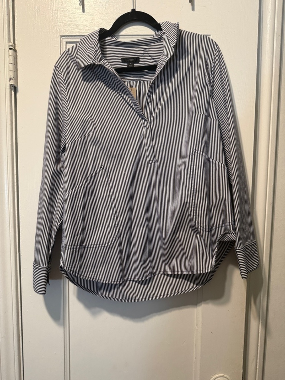 J. Crew Women's Navy and White Pinstripe Button Pullover Shirt